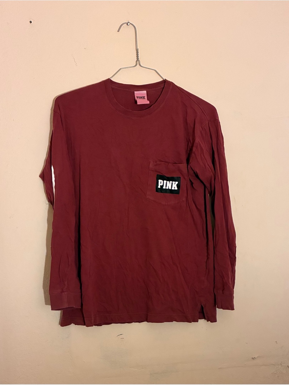 PINK Victoria's Secret Men's Long Sleeve Pocket Tee in Burgundy